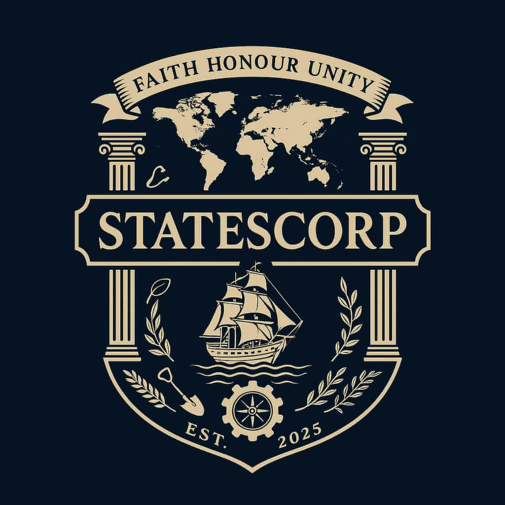 StatesCorp Crest showing a ship, world map, pillars and laurel leaves